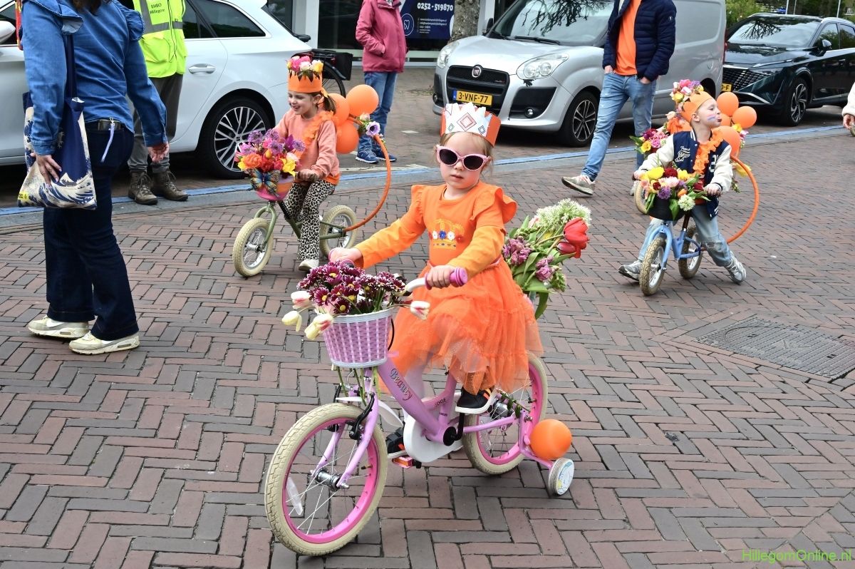 Meisje met kroon en zonnebril op een roze bloemenfiets